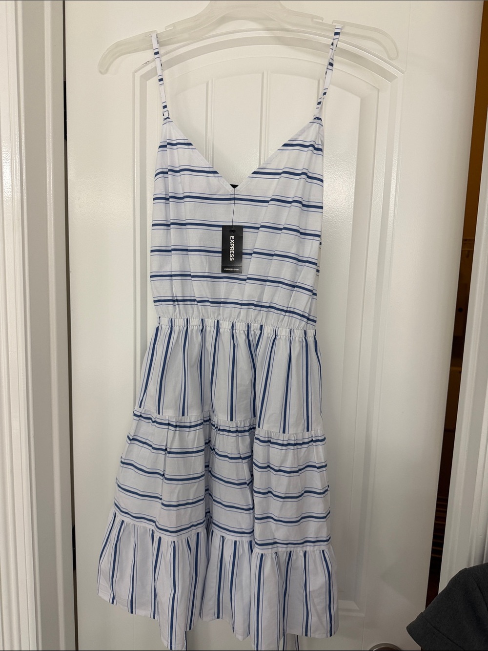 Express White Dress with Blue Stripes Spaghetti-Strap Tiered Midi